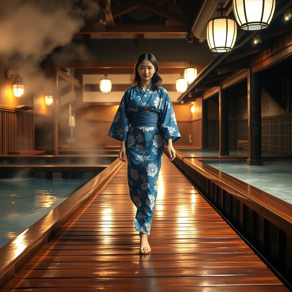 Woman in Yukata at Japanese Onsen, Night Atmosphere