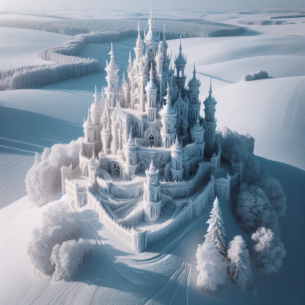 Hyper-Detailed Snow Castle on a Winter Hill