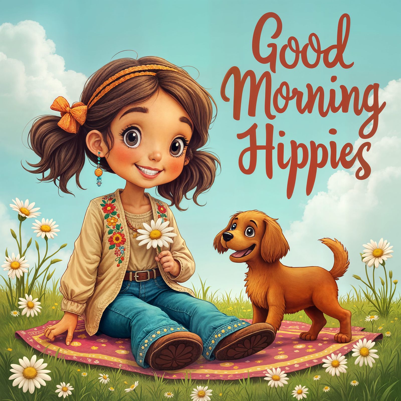 Whimsical Hippie Doll with Puppy and Sign