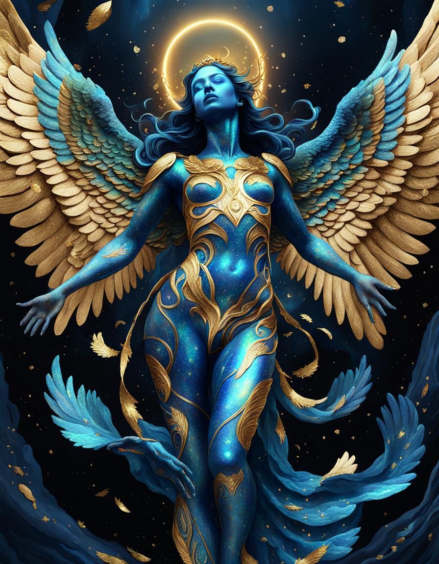 Blue Angel with Golden Wings in Astral Art Style