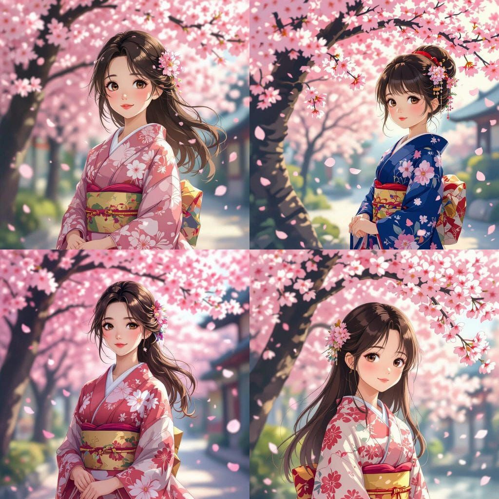 Japanese Girl in Kimono Under Cherry Blossoms