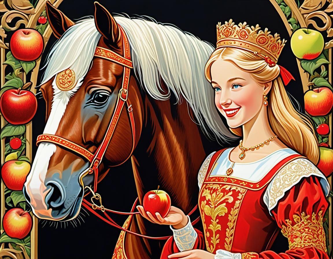 Medieval Maiden and Horse in Garden Illustration