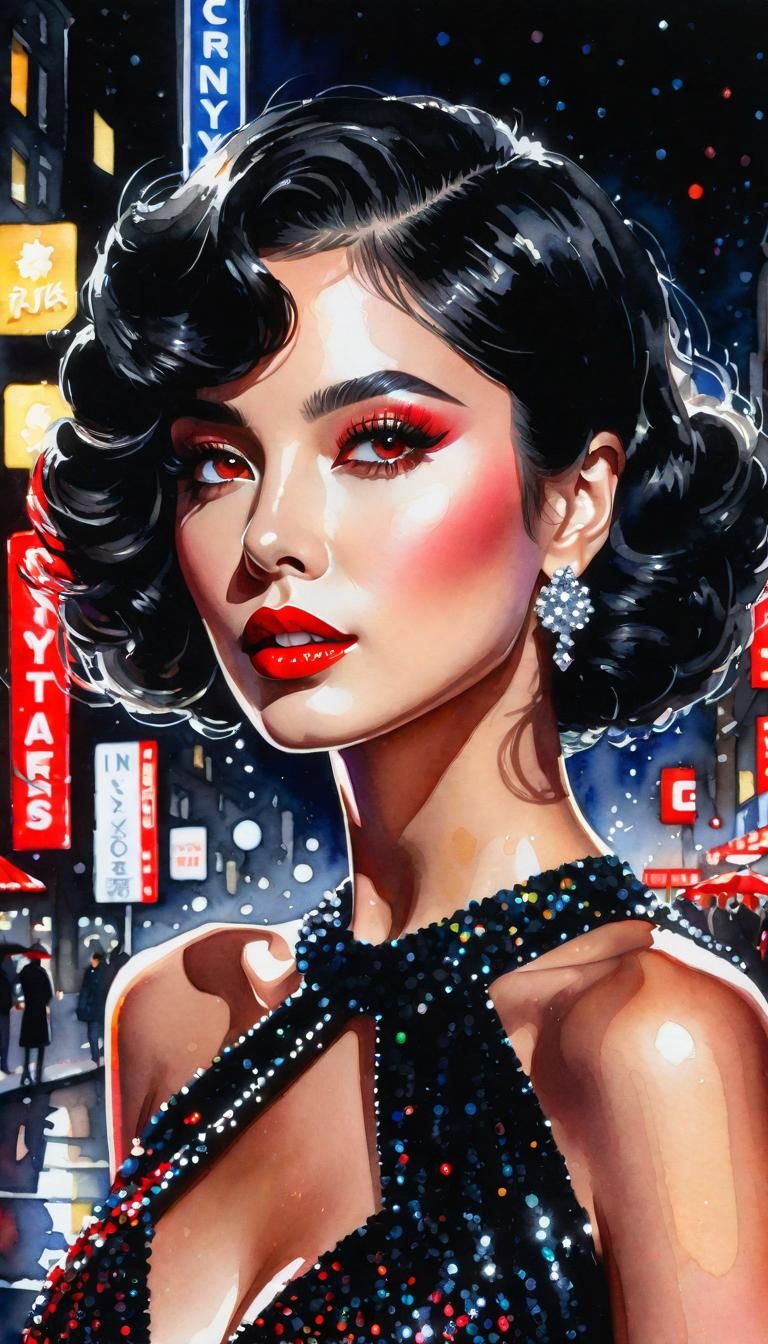 Watercolor splash art, a woman in a black sparkly glittery d...
