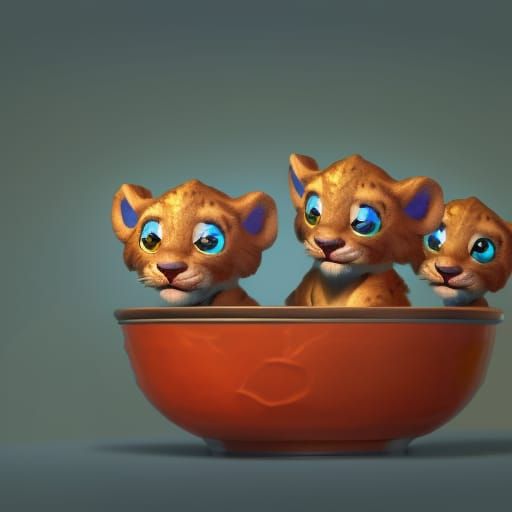 Lion Cubs in Teacup: 3D Digital Art