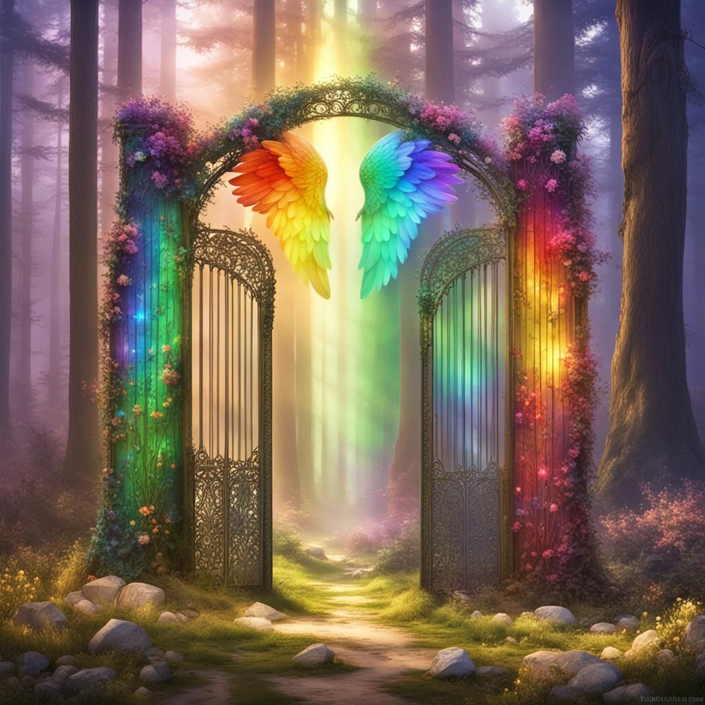Rainbow Gates in Forest with Angel Wings