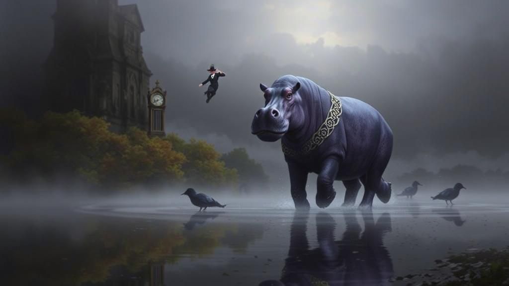 Pilgrim's Dance on a Purple Hippopotamus in Surreal Landscap...