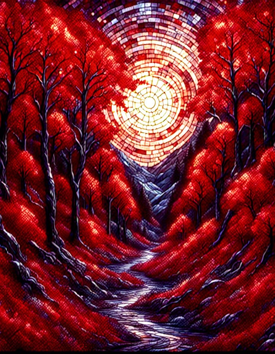Stained Glass Mosaic of a Red Forest