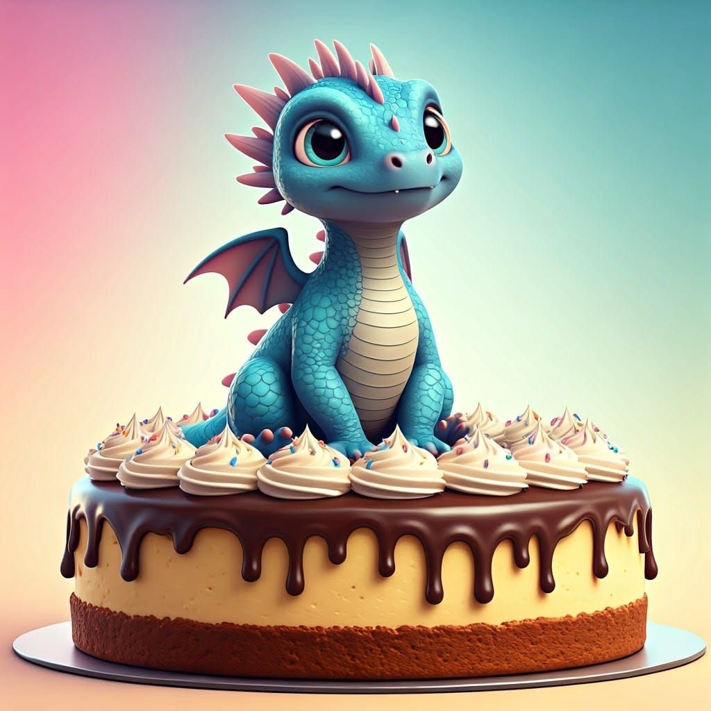 Baby Blue Dragon on Cheesecake: 3D Digital Art