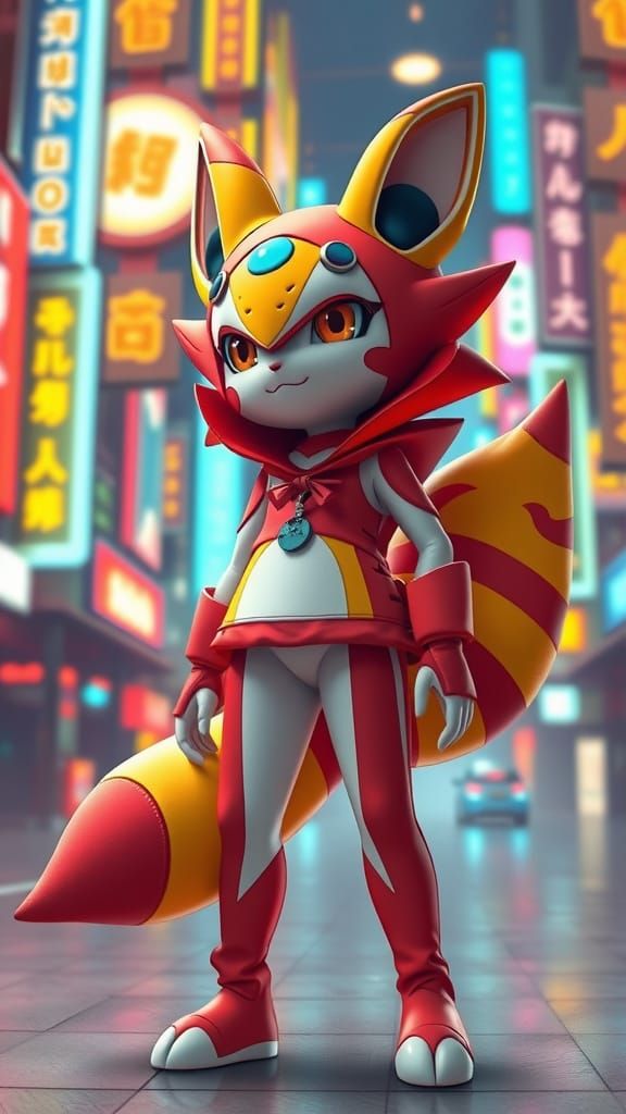 Renamon Digimon in a Futuristic Japanese Landscape