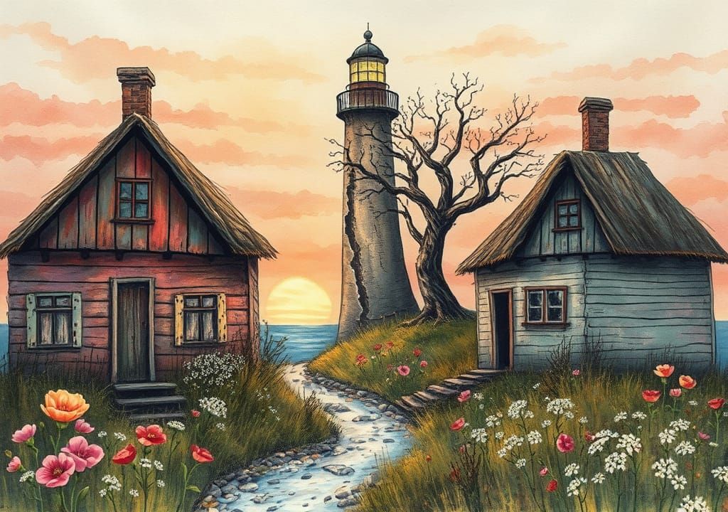 Lighthouse Scene with Surreal Pastel Splatter Illustration