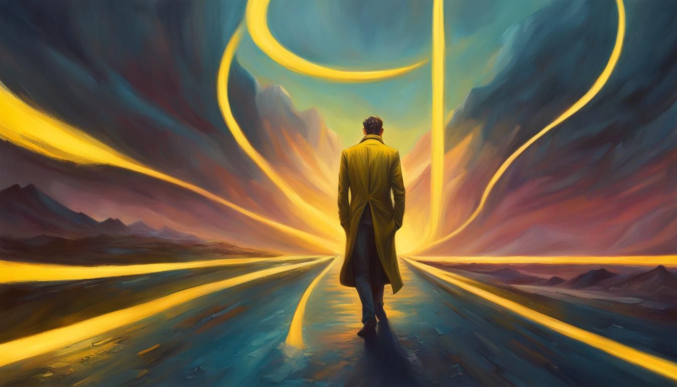 Surreal Man Steps Onto Yellow Road, Oil Painting