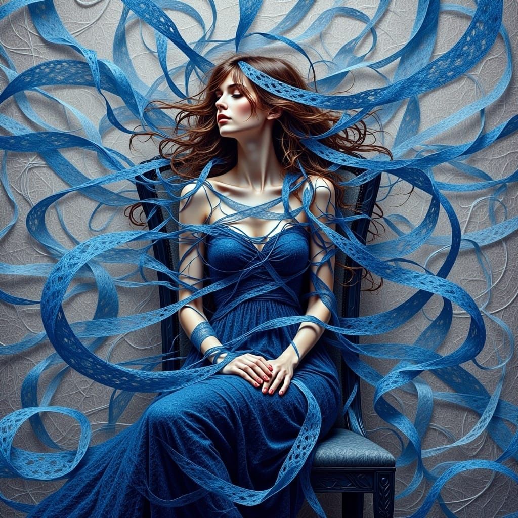 <lora:tangled style Fx:1.0> "blue lace ribbons tangled aroun...