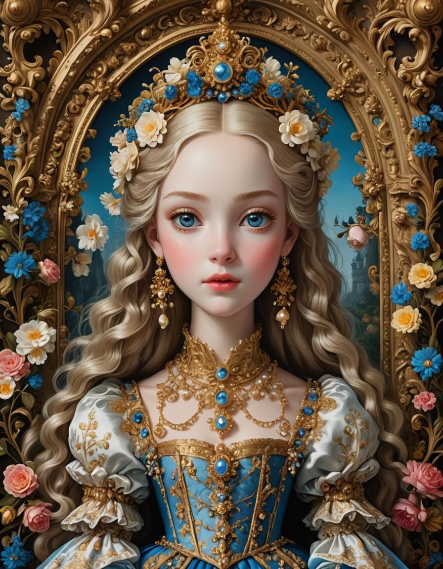 Baroque Princess with Blue Eyes and Floral Details