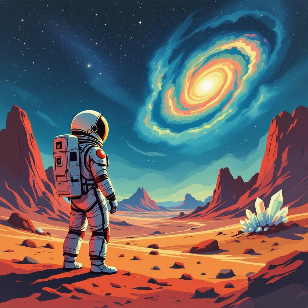 Astronaut Gazes at Nebula on Alien Planet, 1950s Sci-Fi Art