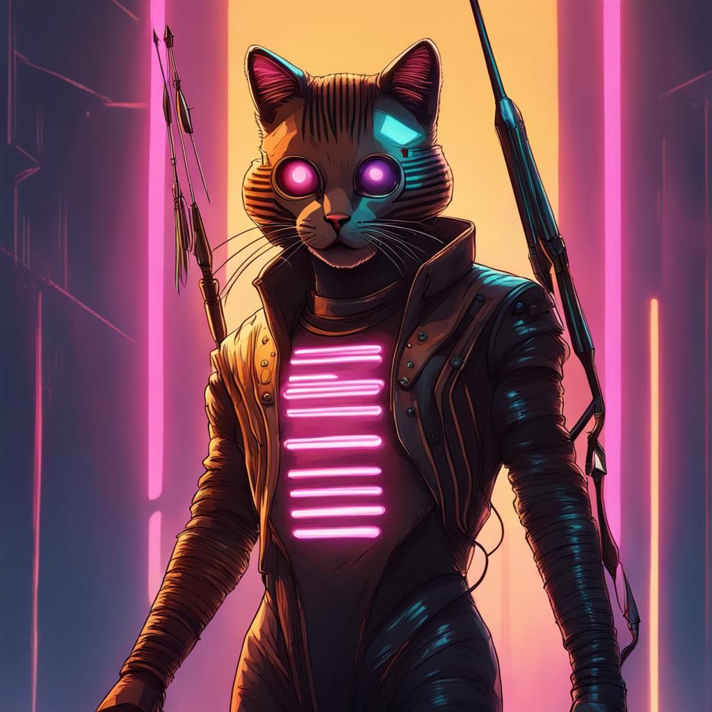 Cyberpunk Cat Archer in Glowing Suit