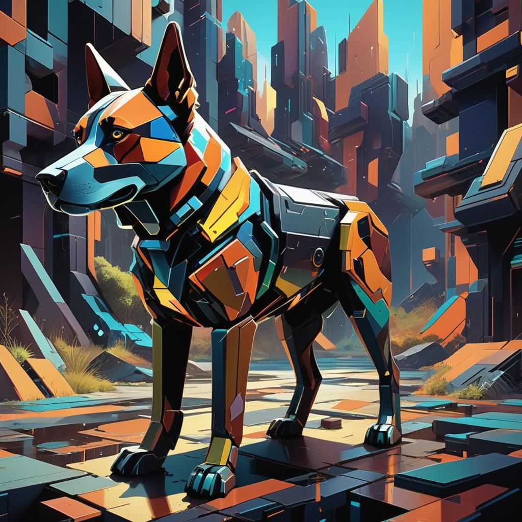 Cubist Dog in Abstract Geometric Landscape