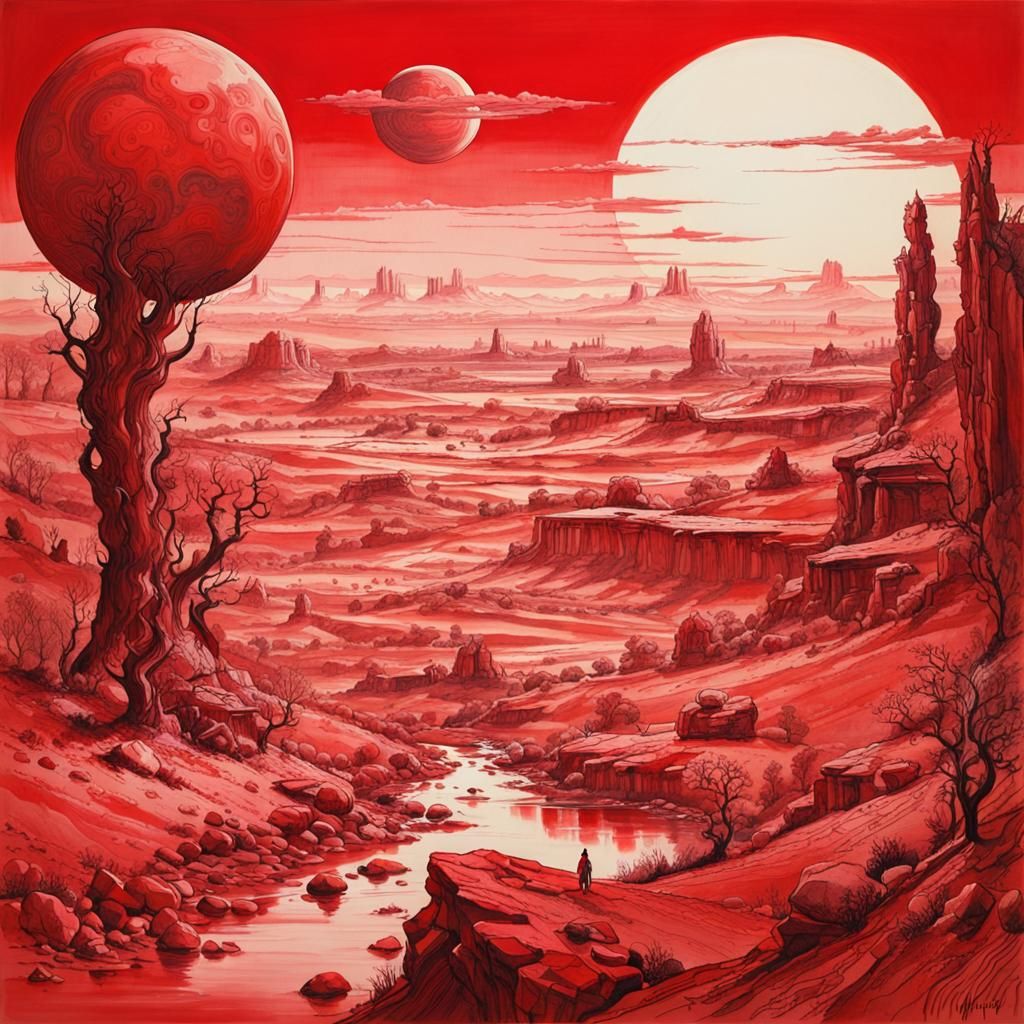 Idyllic Red Mars Landscape as Atmospheric Ink Wash