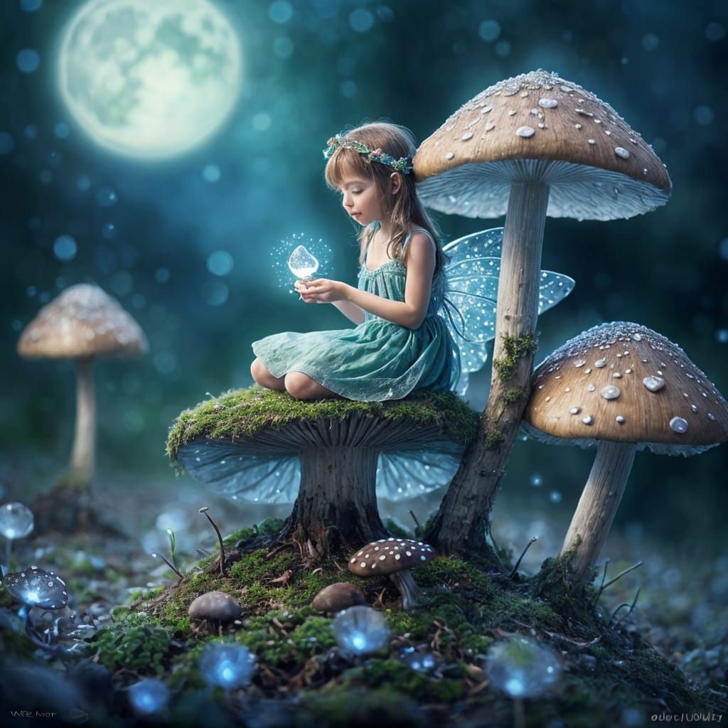 Night Fairy on Mushroom in Dewdrop Forest