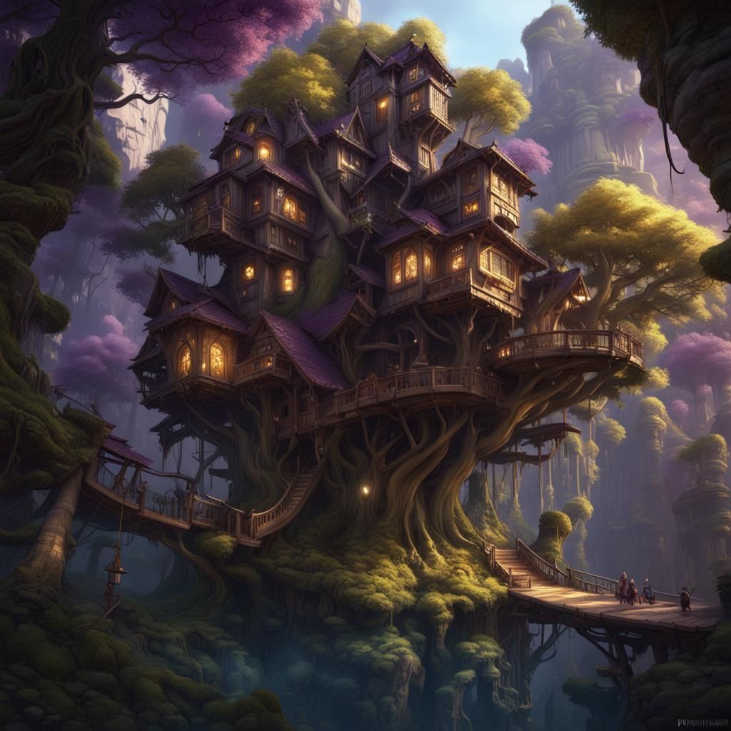 Treehouse City in Ancient Forest, Dark Fantasy Concept Art