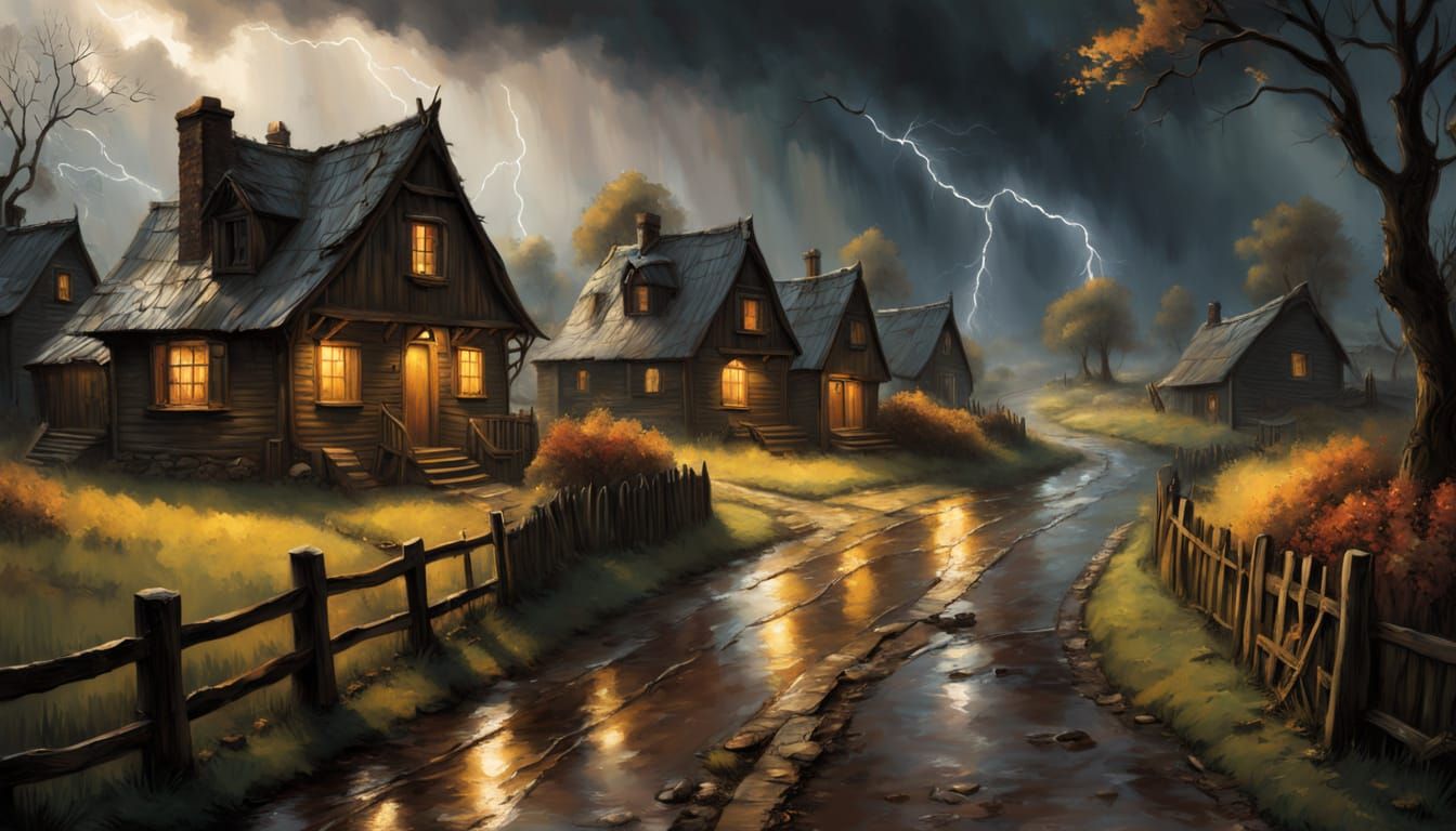 Renaissance Village Under Dramatic Stormy Skies