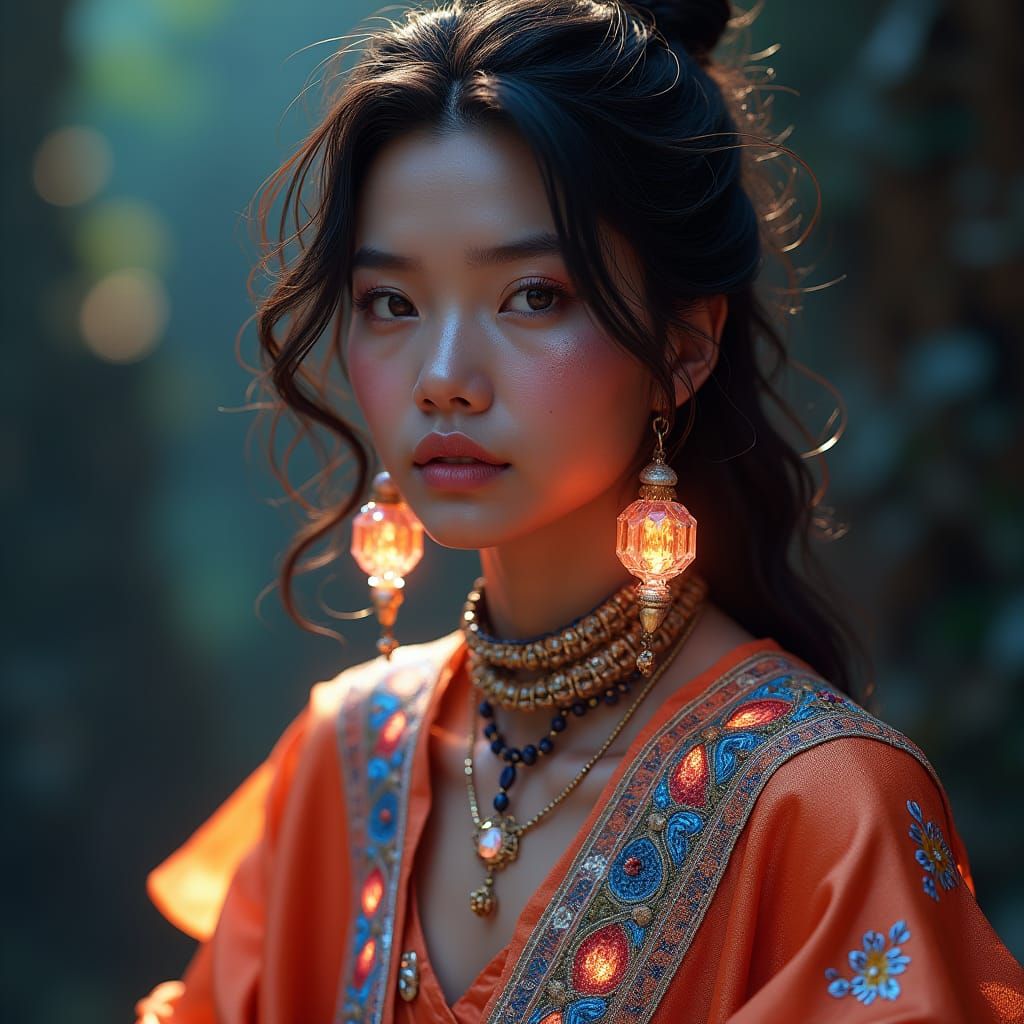 Woman in Vibrant Clothing: Hyperrealistic Digital Portrait