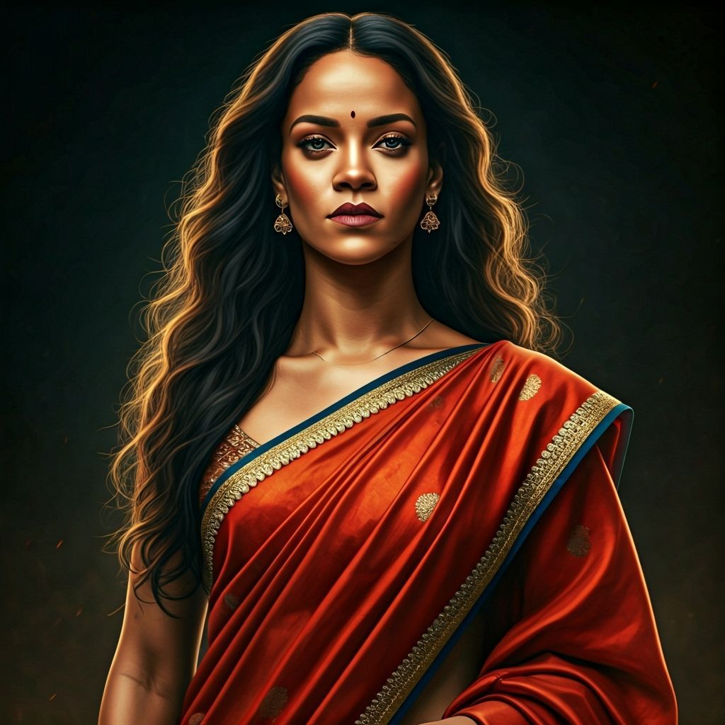 Rihanna in Nauvari Saree with Wonder Woman Colors