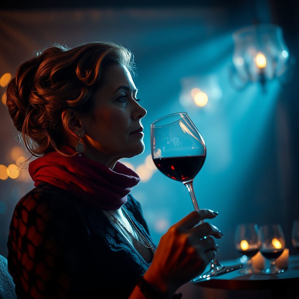 Elegant Woman Savoring Red Wine in Warm Blue Light