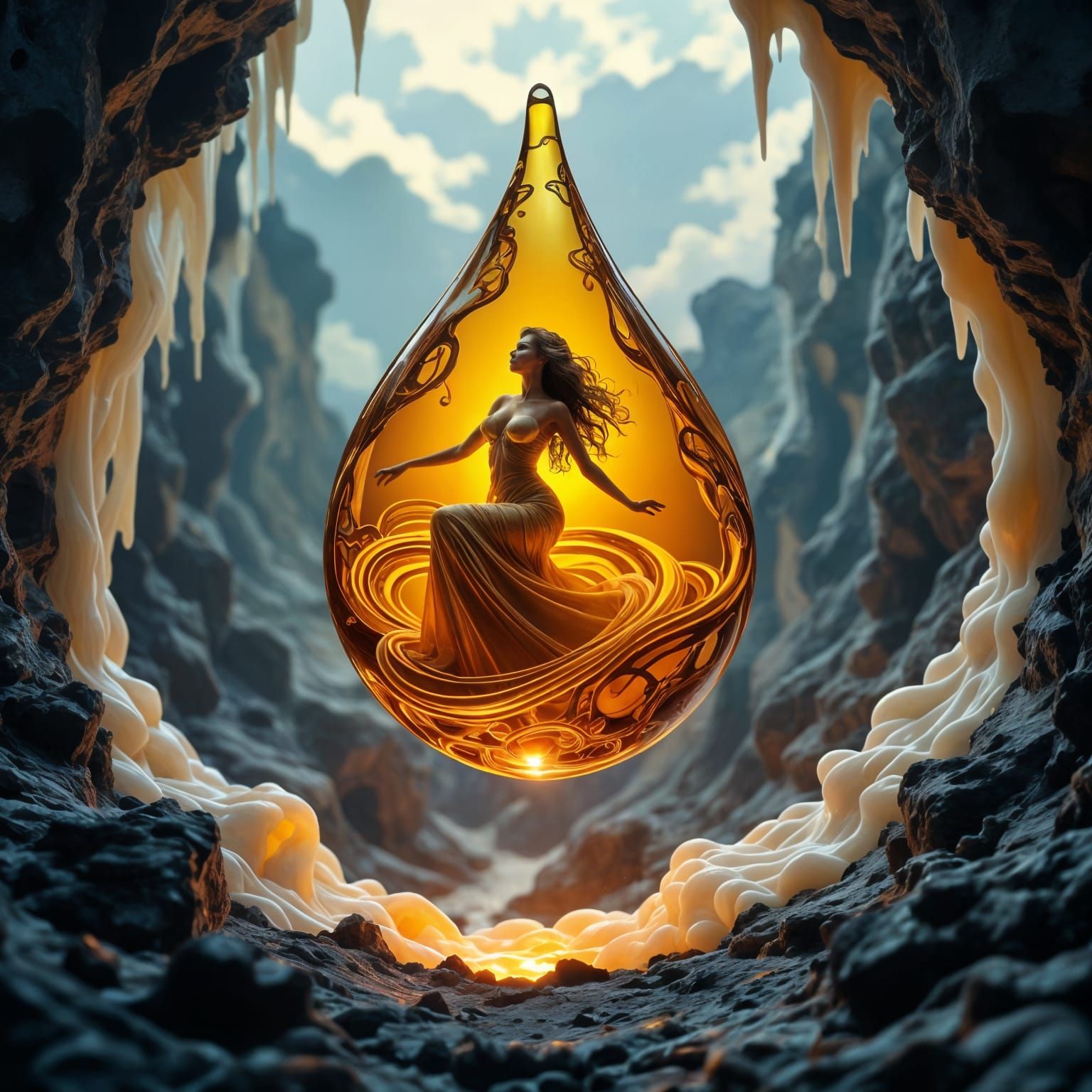 Honey Woman in Amber Droplet, Surreal Landscape