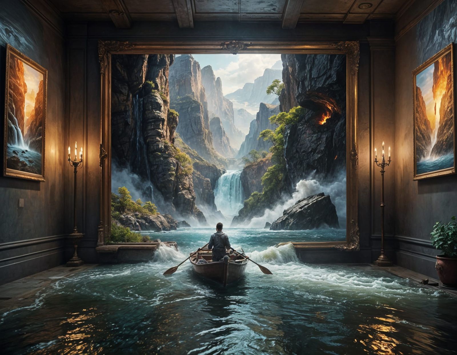 Art Gallery Flooded with Water, Man in Boat Admires Painting