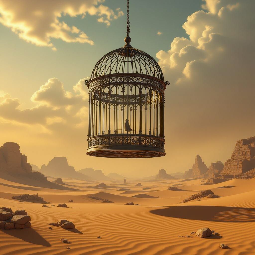 Giant Antique Birdcage Over Desert Ruins in Dark Fantasy Sty...