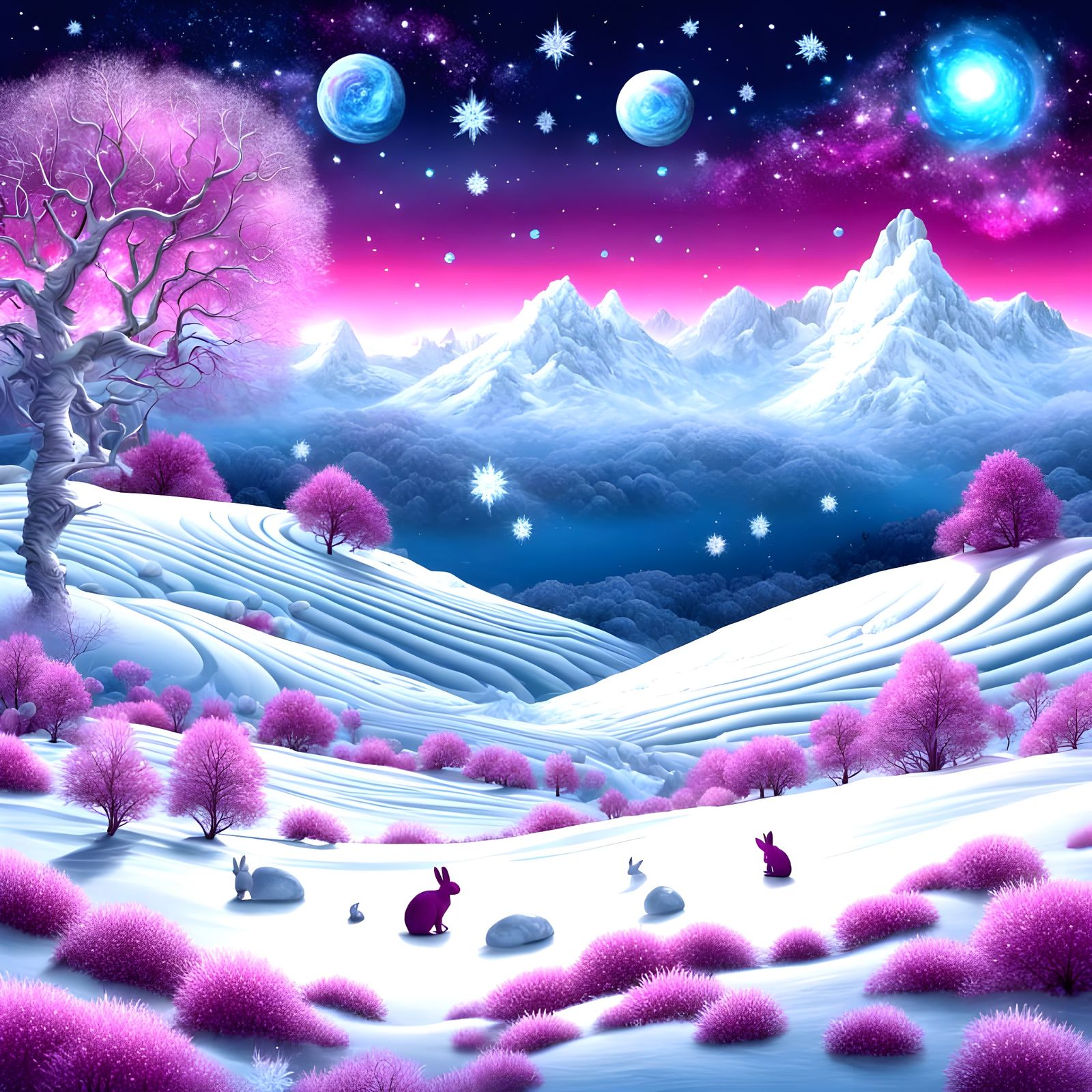Winter Wonderland with Celestial Beings and Vibrant Hearts