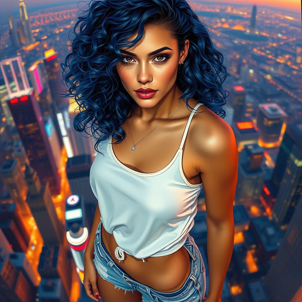 Cyberpunk Goddess Sits atop Cityscape in Hyperrealistic Art....