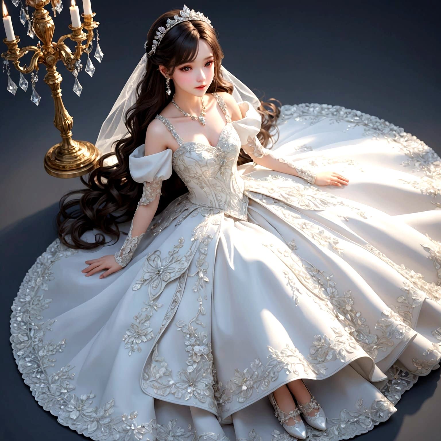 Anime Bride in Crystal Dress: 3D Render