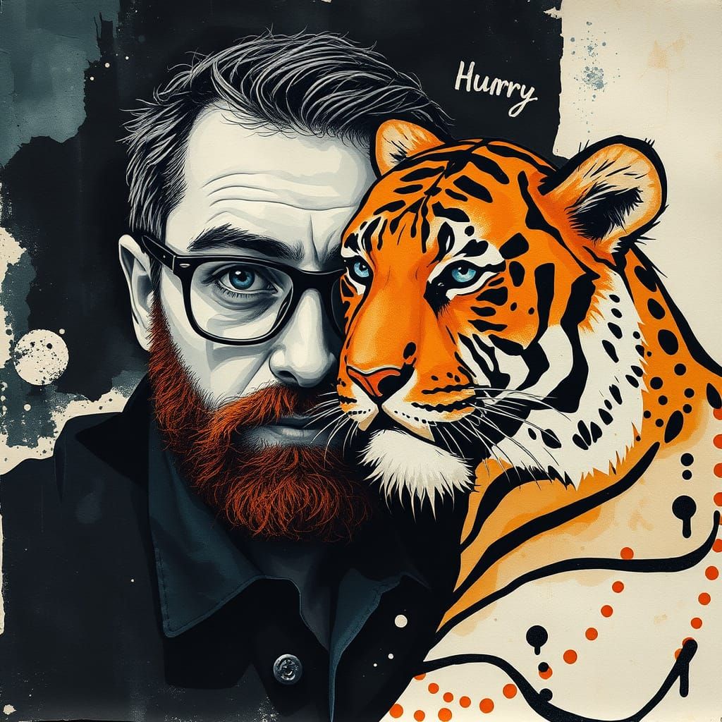 Abstract Expressionist Portrait of Man with Tiger in Moody D...