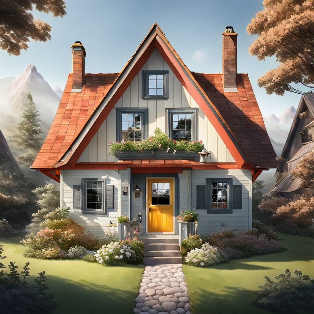 Whimsical Cottage Face in Folk Art Style