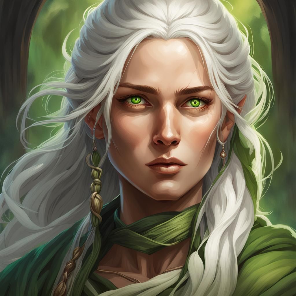 Confident Herbalist Woman with Glowing Eyes, Digital Art