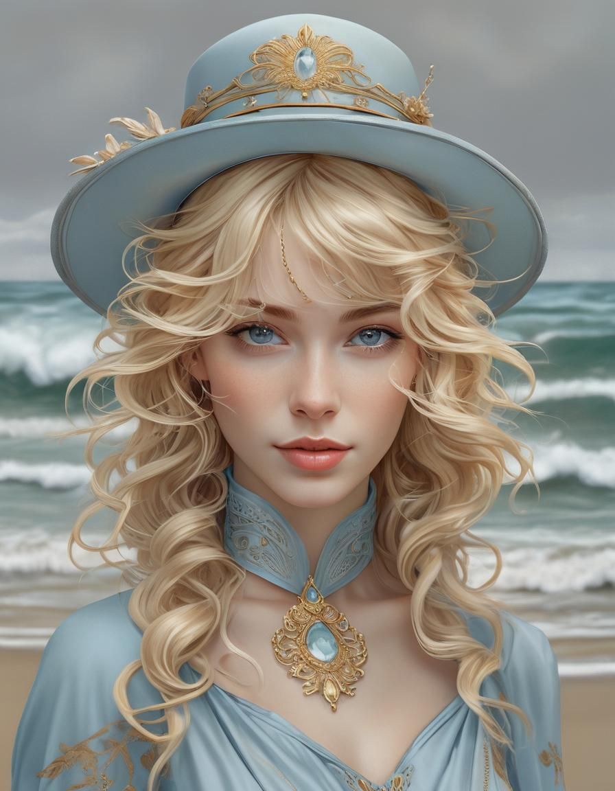 Ethereal Woman on Beach in Art Nouveau Style