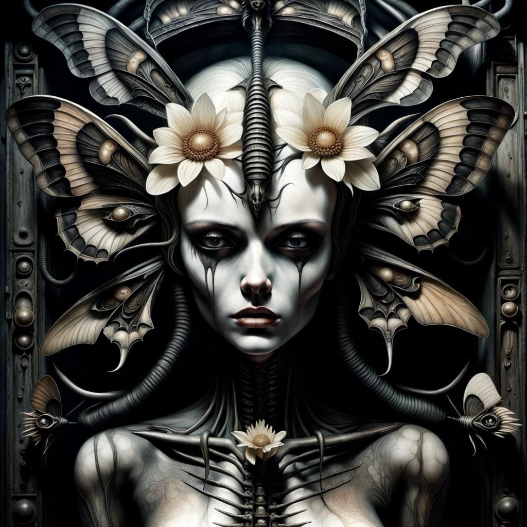Ethereal Necrogoddess with Moths and Decaying Flowers