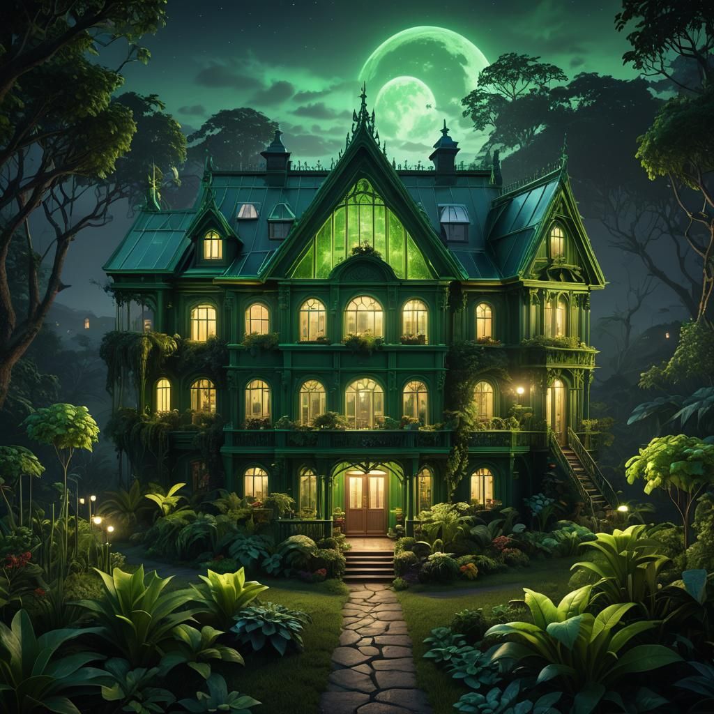 Glow Green House at Night: Detailed Matte Painting