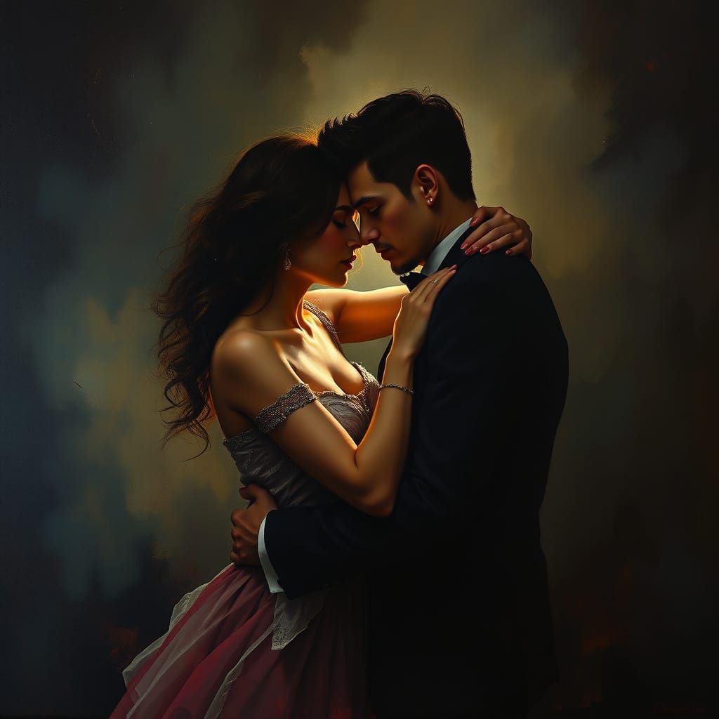 Ethereal Lovers Embracing in Dramatic Tenebrism Oil Painting