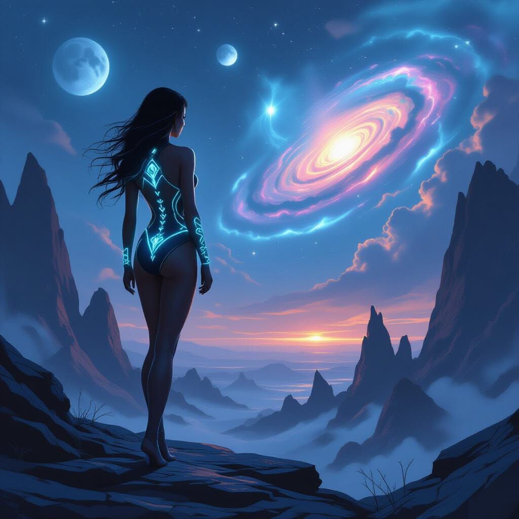 Android Woman Pin-Up Gazes at Ethereal Nebula