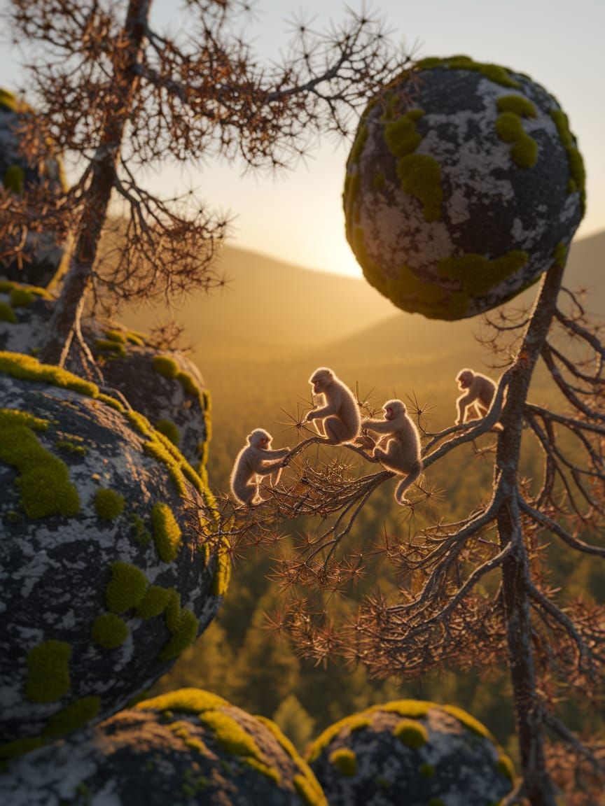 Monkeys in Pine Forest Double Exposure Digital Painting
