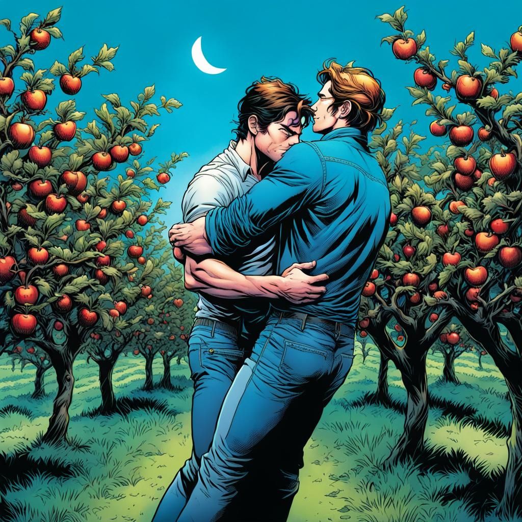 Men in Orchard Embrace, Comic Book Art