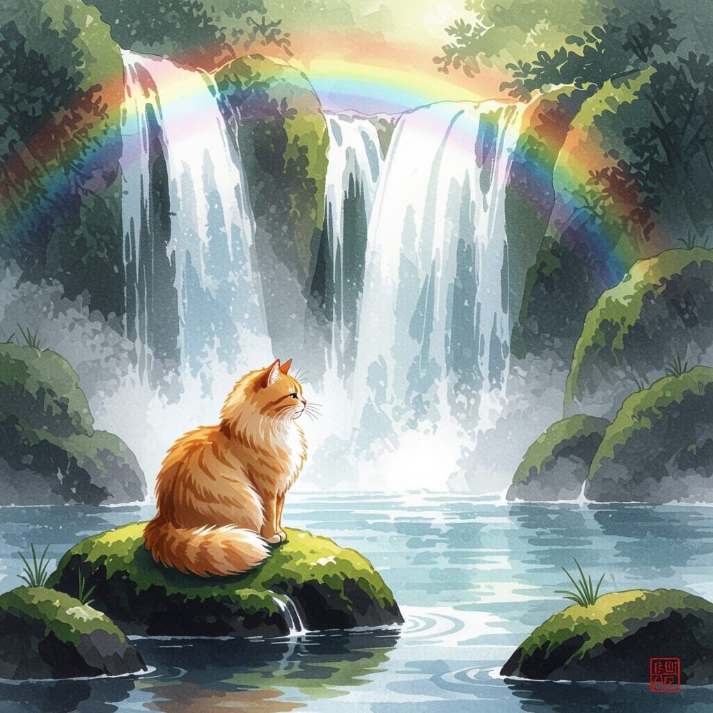 Fluffy Ginger Cat by Waterfall in Japanese Ink Wash Style