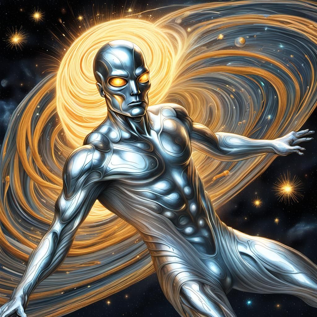 Kawaii Silver Surfer in Cosmic Flight