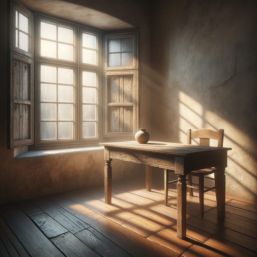 Sunlit Rustic Room with Aged Window and Worn Furniture