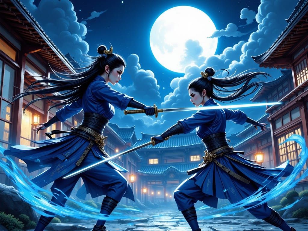 Samurai Women Duel Under Full Moon in Ukiyo-e Style
