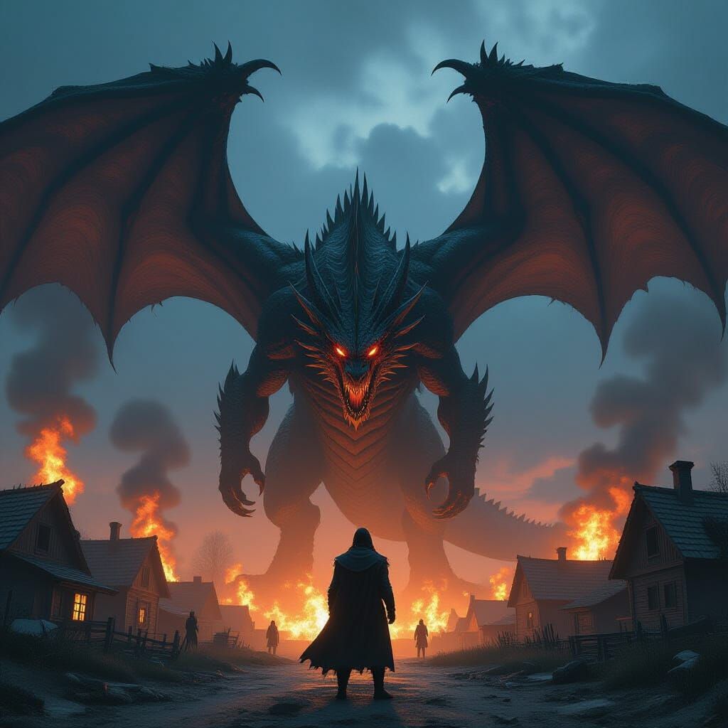 Rogue Confronts Colossal Dragon Amidst Burning Village