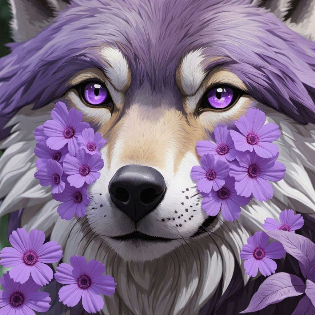 Wolf with Violet Eyes in Studio Ghibli Style