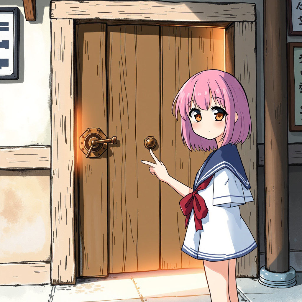 Anime Girl Reaching for Door in Manga Style